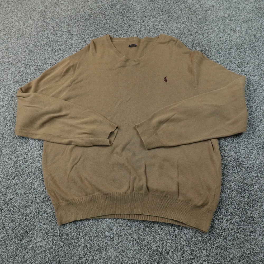 Polo Ralph Lauren Sweater Mens XL Tan Beige Brown V Neck Pullover Pony Preppy